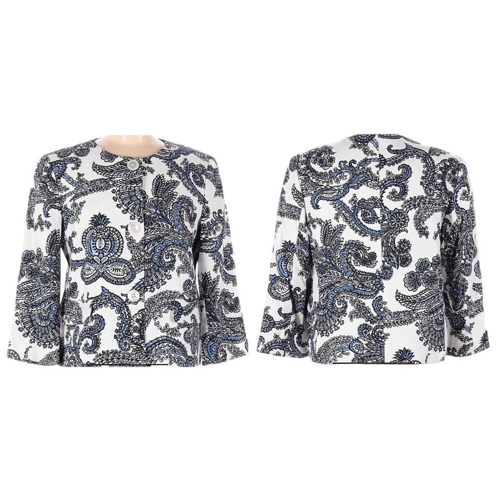 Talbots White/Blue Paisley Floral Cotton Pique Lined Blazer/Jacket size 6